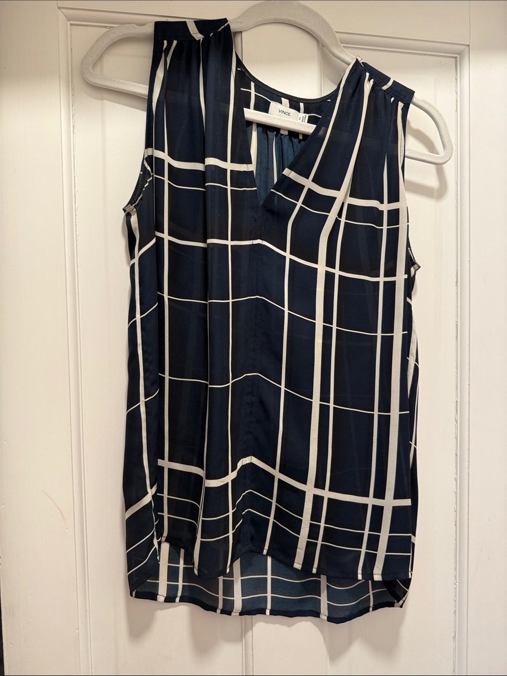 Vince Navy and White Windowpane Sleeveless Top